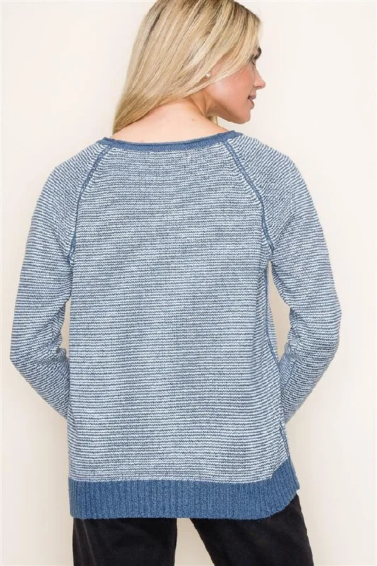 Pinstriped Raglan Pullover Sweater - Indigo Tight Sleeve Top