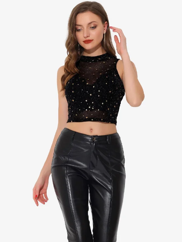 Star Mesh Metallic Mock Neck Sleeveless See Through Tank Top sheer tank top