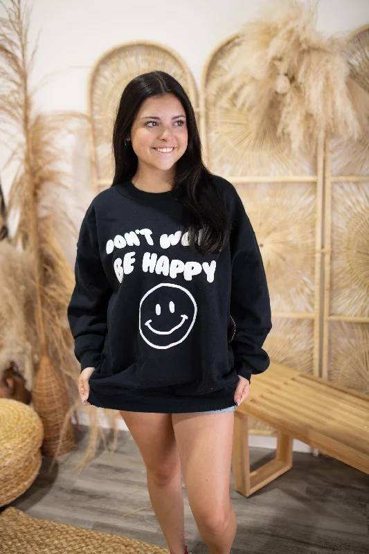 Don't Worry Be Happy Puff Sweatshirt-Black Hoodie with Snap Buttons Easy Quick
