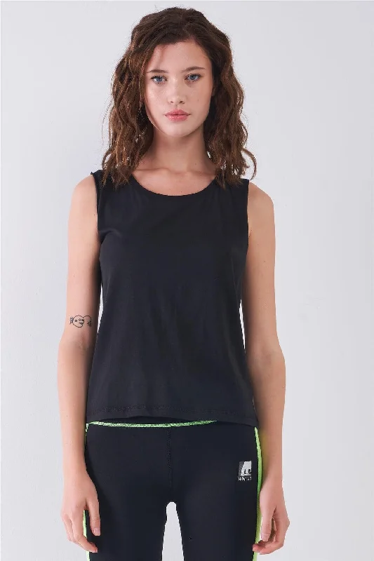 Black Solid Sleeveless Raw Hem Detail Round Neck Basic Tank Top cold shoulder tank