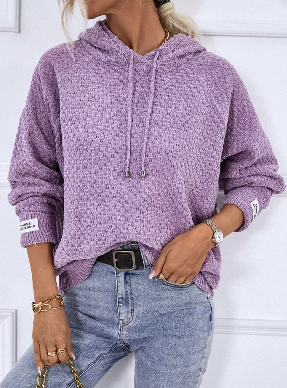 HOODED DRAWSTRING SOLID COLOR PULLOVER SWEATER Cable Knit Chunky