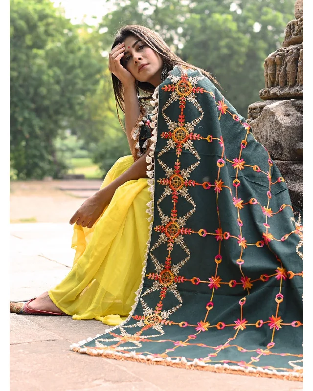Women's Poison Green Heavily Aari Embroidered Khadi Shawl/Dupatta with Kaccha Tassel Lace - MESMORA FASHION Elegant Long Shawl Scarf Women's Poison Green Heavily Aari Embroidered Khadi Shawl/Dupatta with Kaccha Tassel Lace - MESMORA FASHION Elegant Long Shawl Scarf