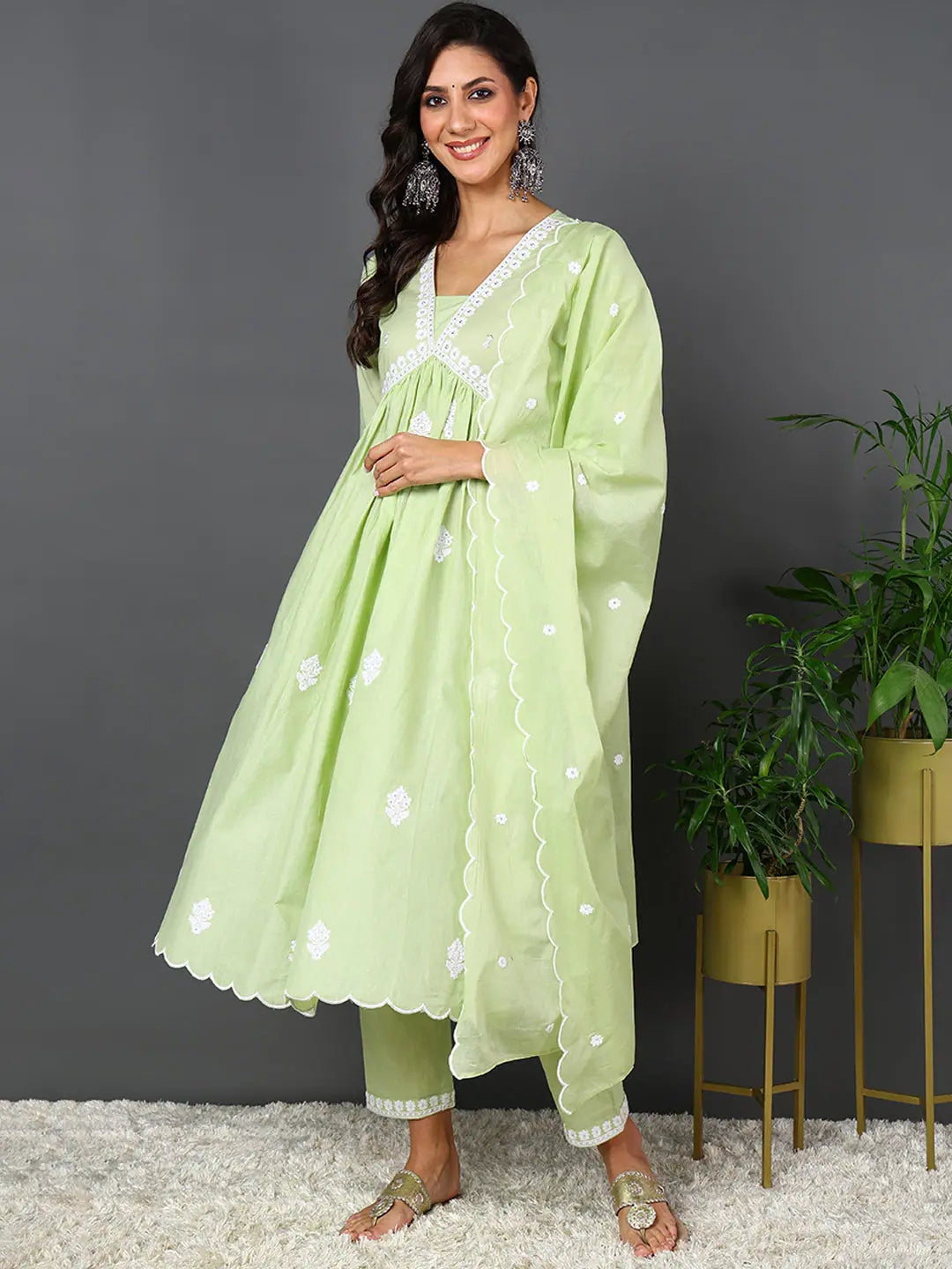 Ahika Women Green Pure Cotton Solid Embroidered Kurta Trouser With Dupatta Trousers luxurious high-end