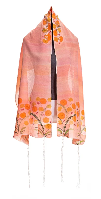 Floral Peach Silk Tallit for Woman, Bat Mitzvah Tallit, Girl's Tallit, Women's Tallit Prayer Shawl Elegant Knit Shawl Cape