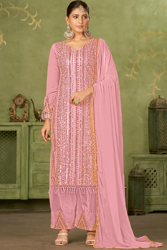 Pink Georgette Pakistani Trouser Suit Trousers Low Rise Relaxed