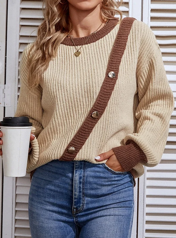COLOR BUTTON CREW NECK PULLOVER LANTERN SLEEVE SWEATER Mock Neck Pullover