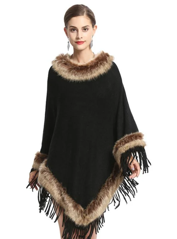 FOX LIKE FUR COLLAR FRINGED PULLOVER KNITTED CAPE SHAWL Plunging Neck Pullover