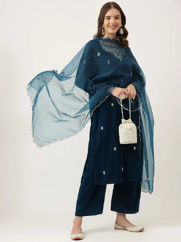 Divena Rayol Blue Hand Embroidered Velvet Straight Kurta, trousers with Dupatta Set Trousers Silk Elegant