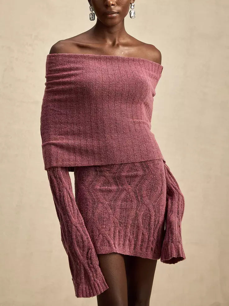 Off-Shoulder Long-Sleeve Knit Mini Sweater Dress Jersey Fabric Tulle Fabric Batik Fabric