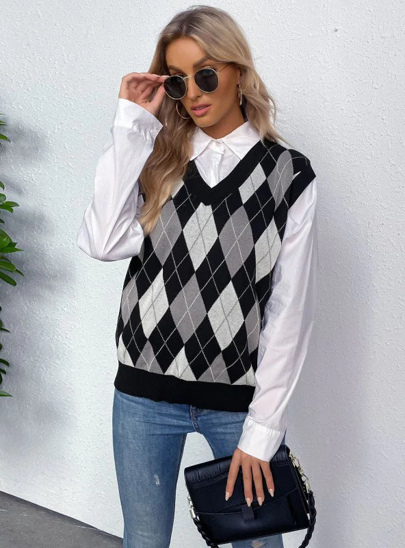 LATTICE V-NECK KNITTED PULLOVER VEST Sarouel Sleeve Pullover