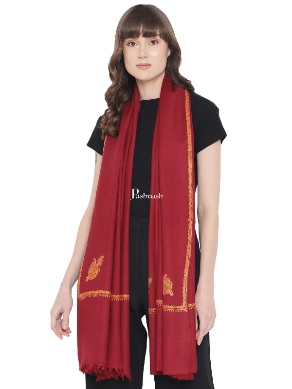 Pashtush Womens Kashmiri Hand Embroidery Sozni Shawl, Woollen, Soft and Warm, Kingri, Maroon Luxurious Silk Shawl Cape