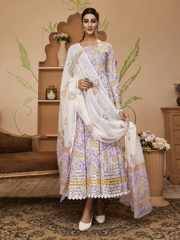 Divena Handblock Printed Lavender Anarkali Cotton Kurta With Trousers & Dupatta Trousers chic fashionable