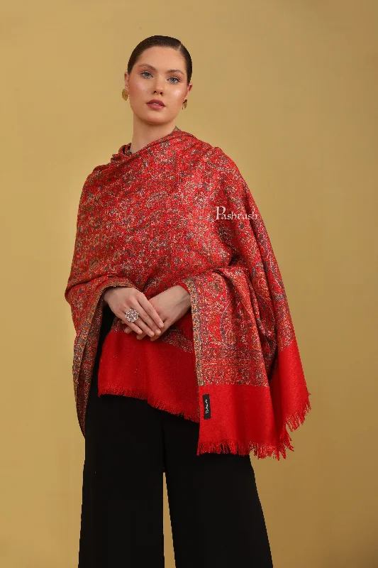 Pashtush Womens Faux Pashmina Shawl, Jamawar Design, Red Trendy Sheer Shawl Wrap