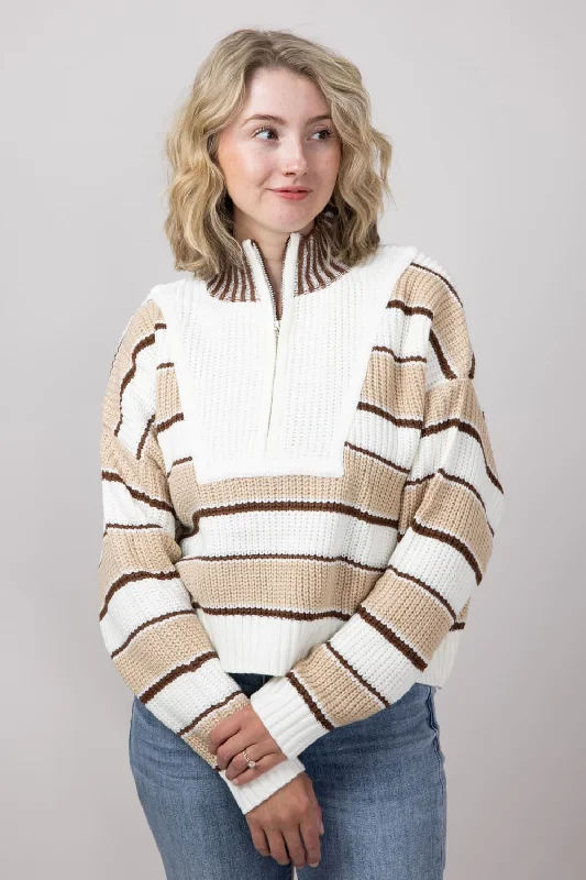 Colorblock Half Zip Striped Sweater for Women in Ecru | KSW1890-ECRU Silk Blend Satin Velvet