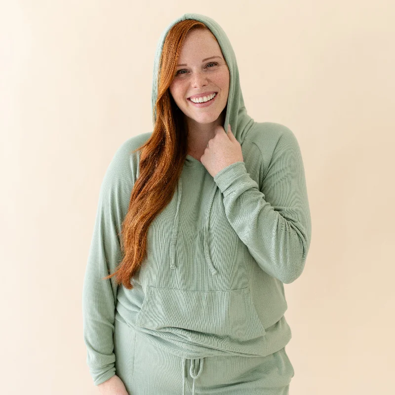Women's Ribbed Hoodie in Thyme Hoodie with Frayed Bohemian Relaxed
