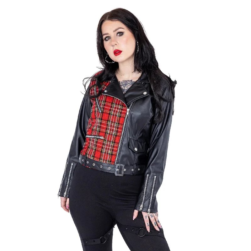 ELAINE JACKET - BLACK/RED TARTAN One-Shoulder Jacket Off-the-Shoulder Jacket Asymmetrical Jacket