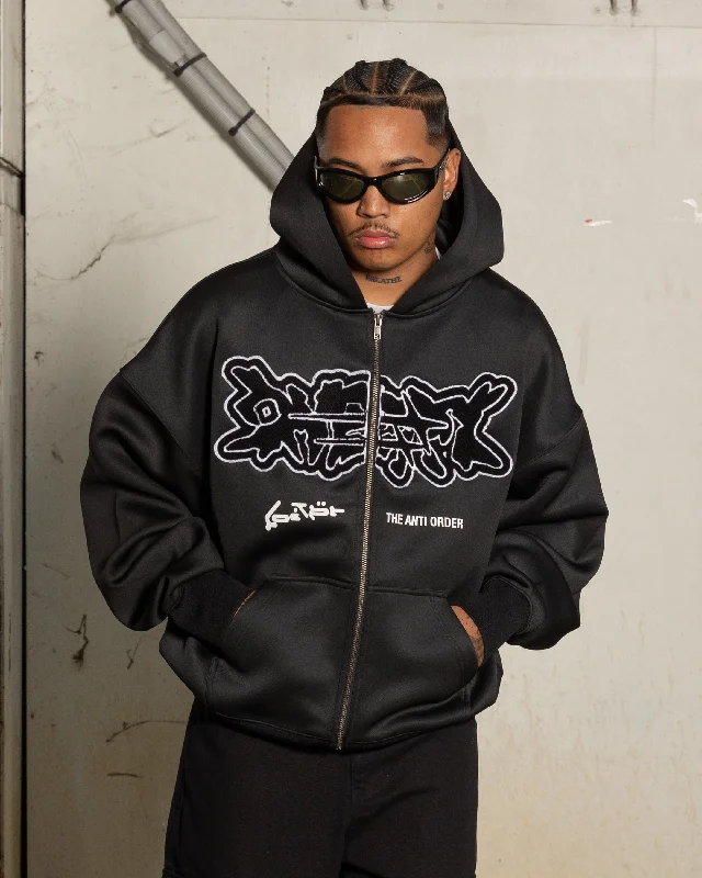 Loiter X The Anti Order Zip Hoodie Black Zip Hoodie Drawstring Kangaroo Pocket