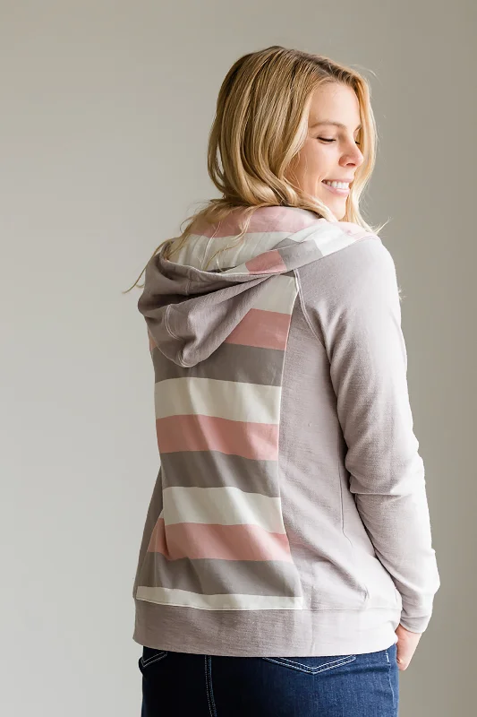 Striped Back Zip Up Hooded Sweatshirt - FINAL SALE Hoodie with Button Placket Classic Preppy