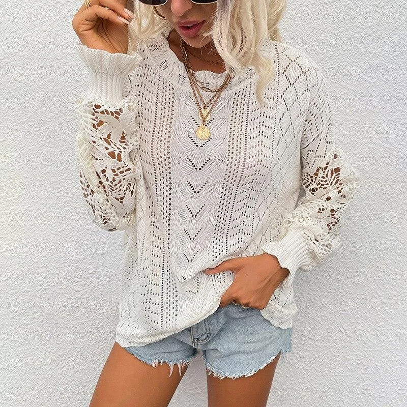 Hollow Out Lace Patchwork Pullover Oversized Knitted Sweater Jewel Neck Pullover