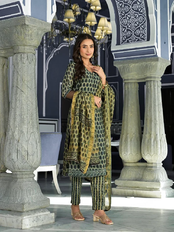 Divena Green Ethnic Printed Chanderi Silk Kurta Trouser with Dupatta Set Trousers Hiking Durable
