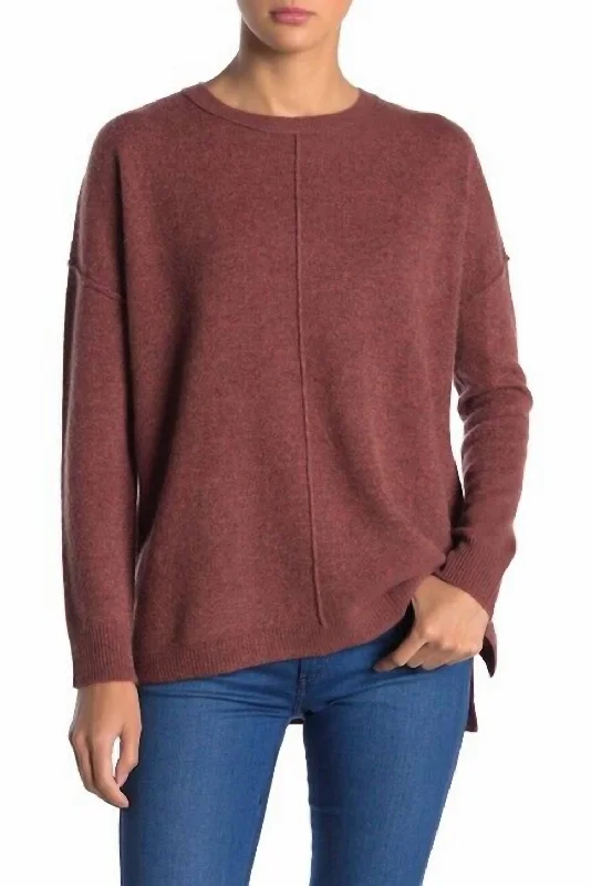 Cashmere Pullover Crew Neck Dolman Sweater In Rust Brown One Shoulder Top