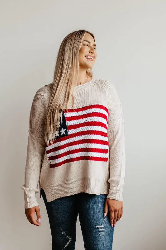 Miracle Knit American Flag Sweater for Women in Beige | M8167-BEIGE Thin Thick Dense