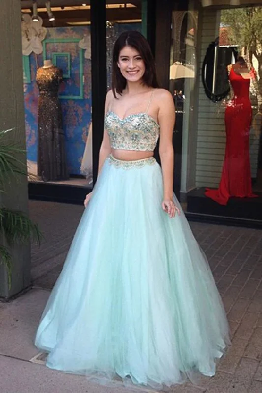 Mint Tulle Two Piece Spaghetti Straps Floor Length Prom Dress with Beading   cg13672