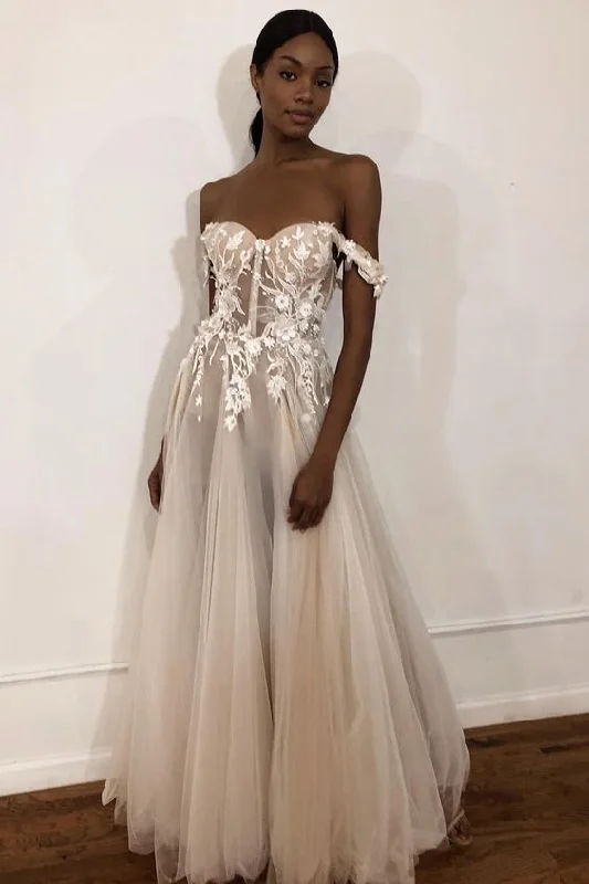 See-Through Off Shoulder Ivory Long Wedding prom Dress with Appliques   cg13557