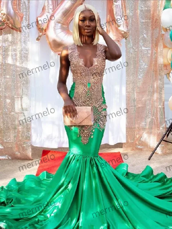 Green Luxury Diamond Trumpet Evening Formal Dress for Women