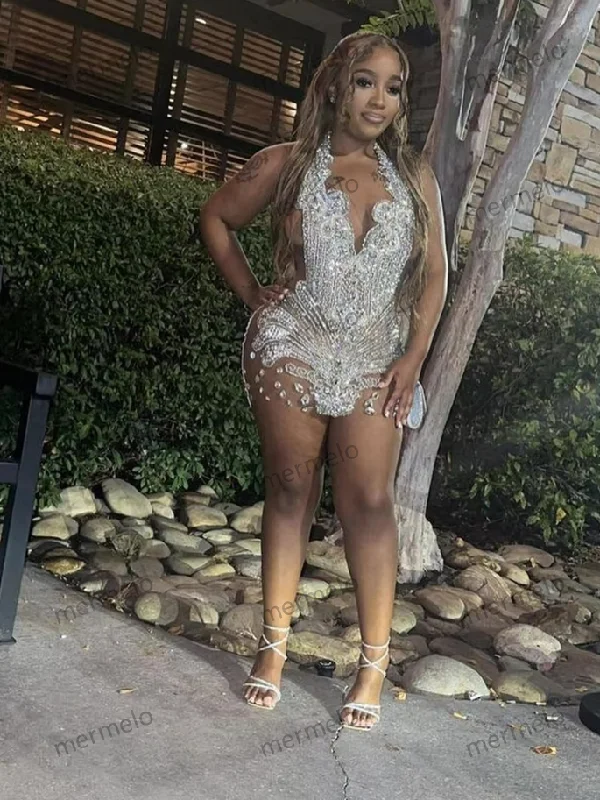 Silvery Crystal Beaded Prom Dresses Halter African Mermaid Birthday Dress