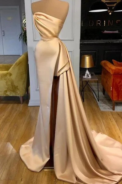 Long Champagne Prom Dress Side Split Evening Party Gowns C1998