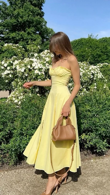 Lovely Strapless Yellow Satin Slit Evening Dress A Line Prom Dress Party Gown cc1475