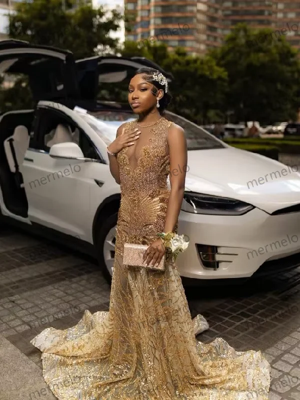 Sparkly Gold Long Mermaid Prom Occasion Dresses For Black Girl Luxury Crystal Gillter Tassel Evening Gown Birthday Gala