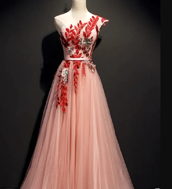 A Line One Shoulder Tulle Red Applique Long Prom Dress Evening C2363