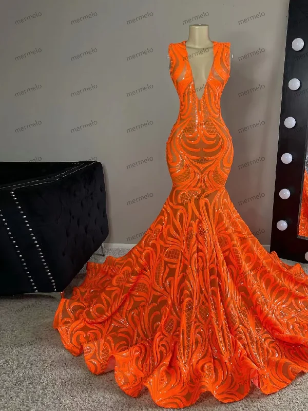 New Sexy Mermaid Prom Dress For Black Girl Sparkly Sequined Sweep Train Red Carpet Evening Dresses