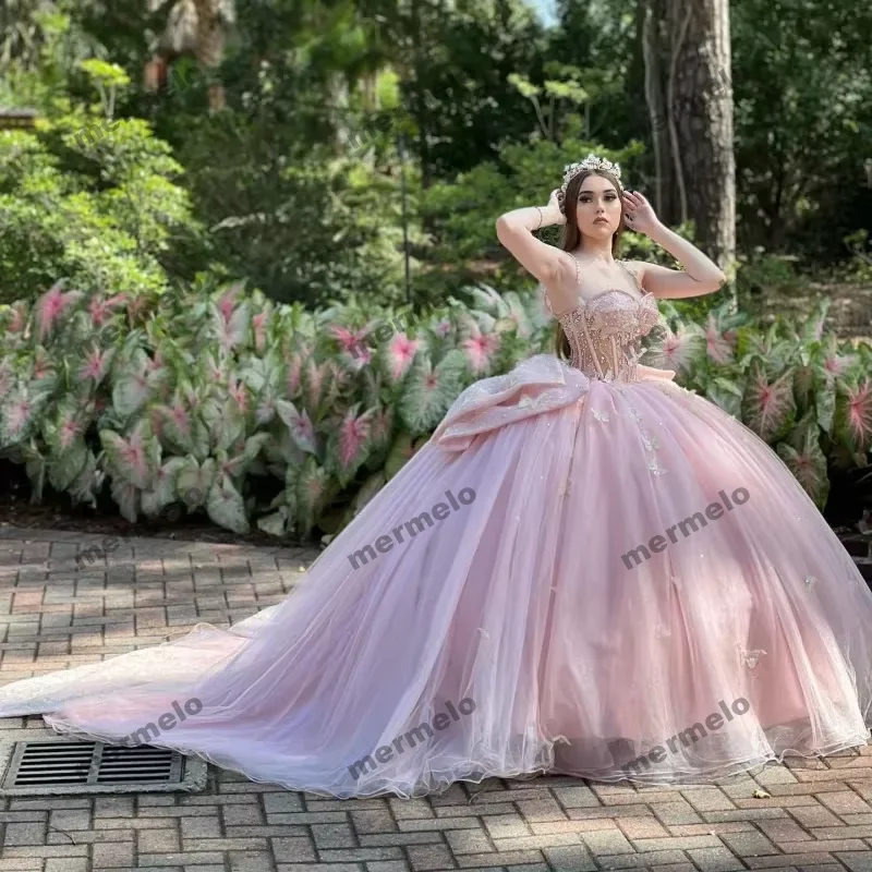 Pink Ball Gown Quinceanera Dresses Beaded With Bow Corset