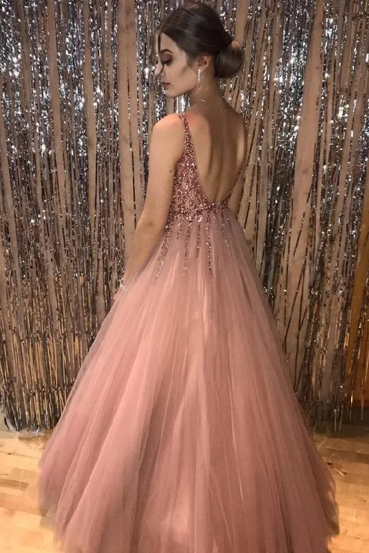 Blush Pink Princess V Neck Long Prom Dress   cg13951