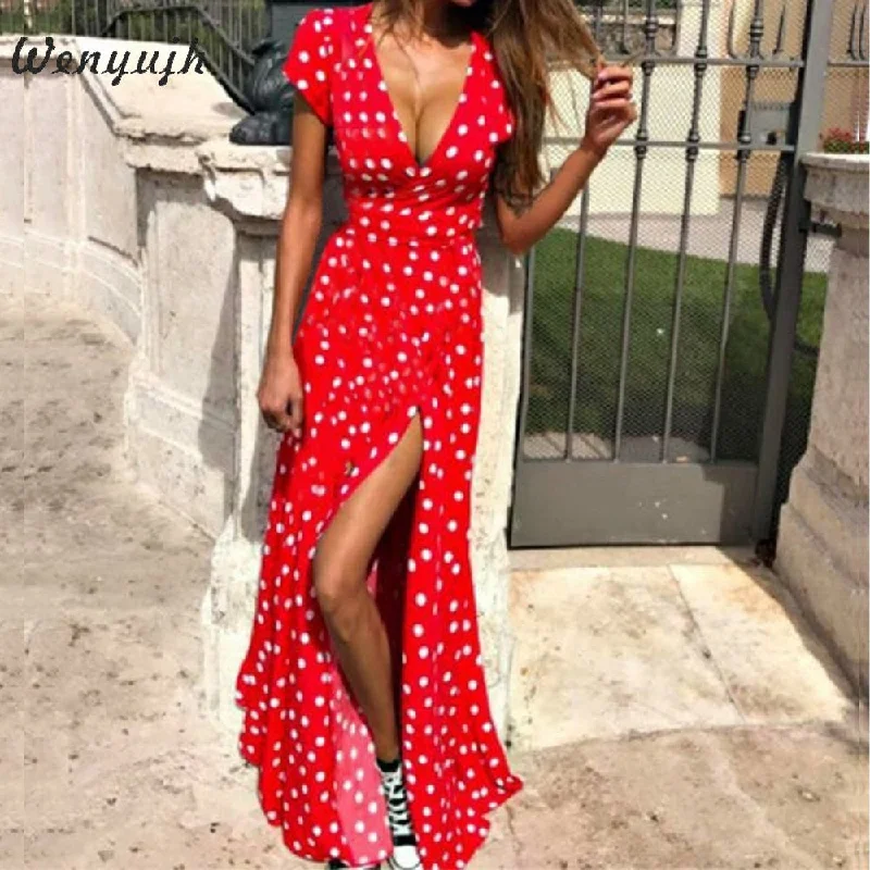WENYUJH Women Polka Dot High Split Dress Summer Sexy V-neck Beach Boho Dress Short Sleeve Sashes Maxi Long Dresses Plus Size WENYUJH Women Polka Dot High Split Dress Summer Sexy V-neck Beach Boho Dress Short Sleeve Sashes Maxi Long Dresses Plus Size