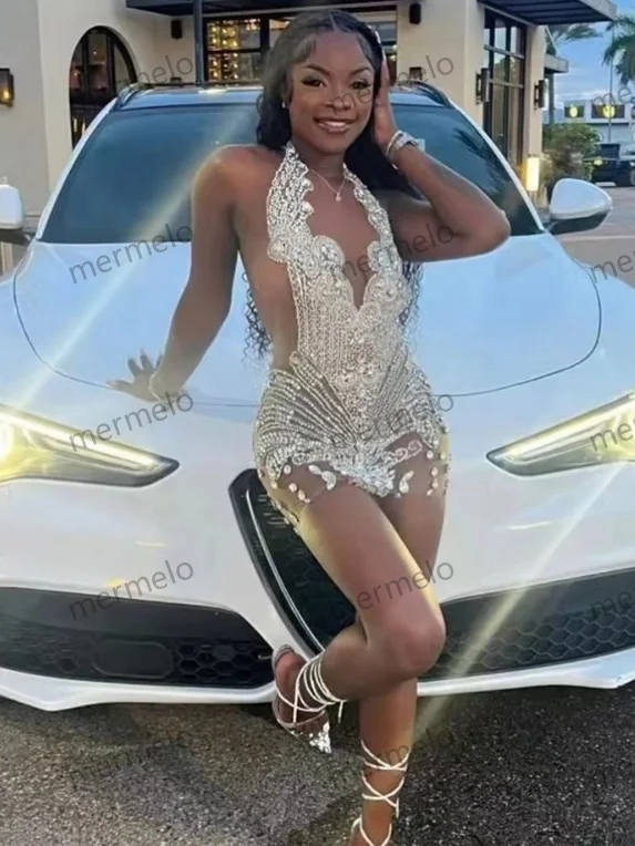 Silver Rhinestone Short Prom Dresses Bead Crystal