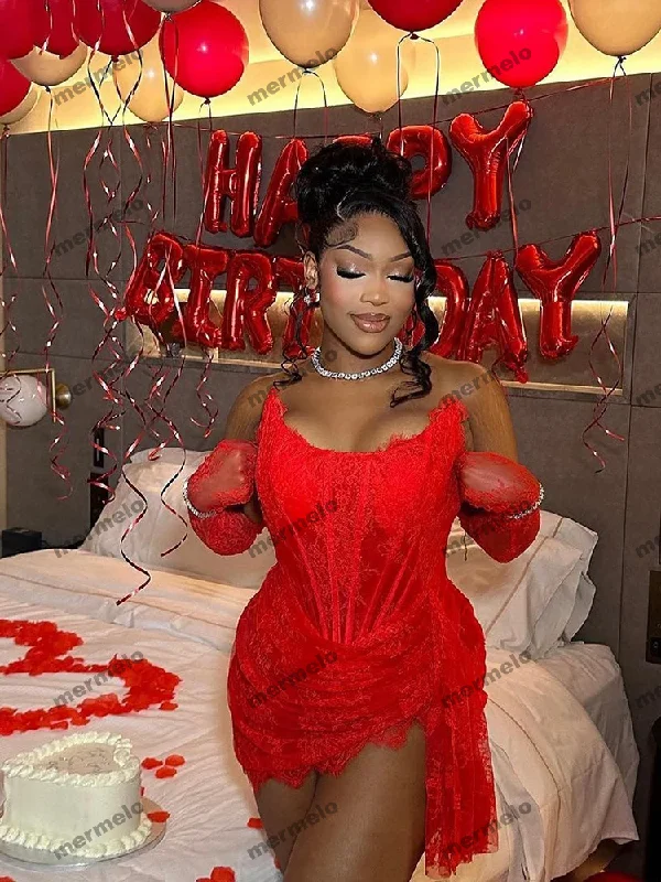 Red Women's Mermaid Charming Short Evening Dresses Sexy Strapless Prom Gowns Pretty Lace Appliques