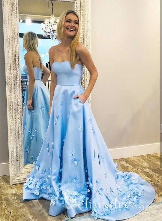 A-line Strapless Blue Satin Long Prom Dress Cheap Simple Formal Evening Dress SED137