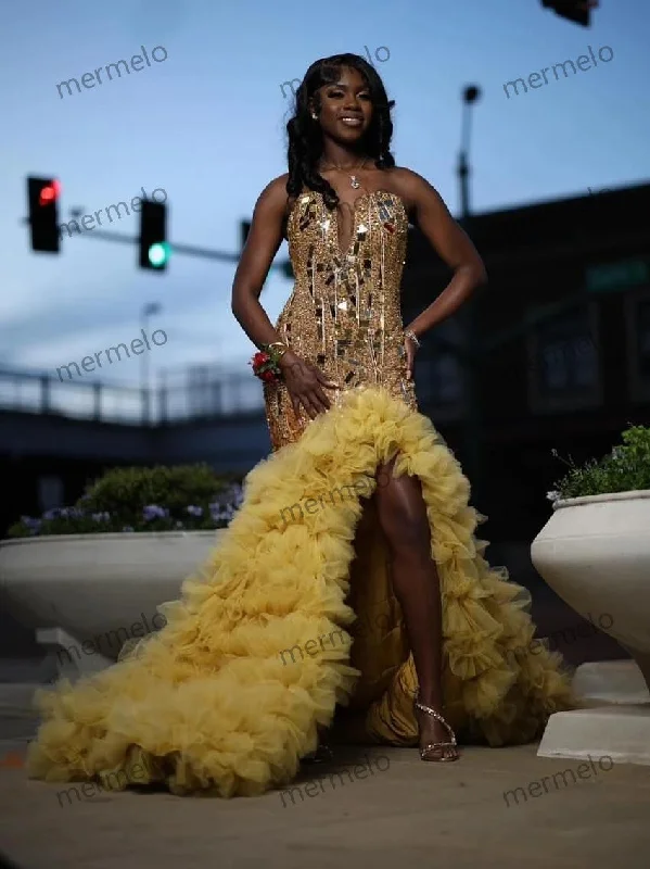 Gold Diamonds Mermaid Ruffles High Slit Prom Dress For Black Girls