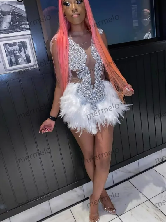 Sexy Sparkly Diamonds Short Prom Dress Glitter Crystals Beading White Feathers