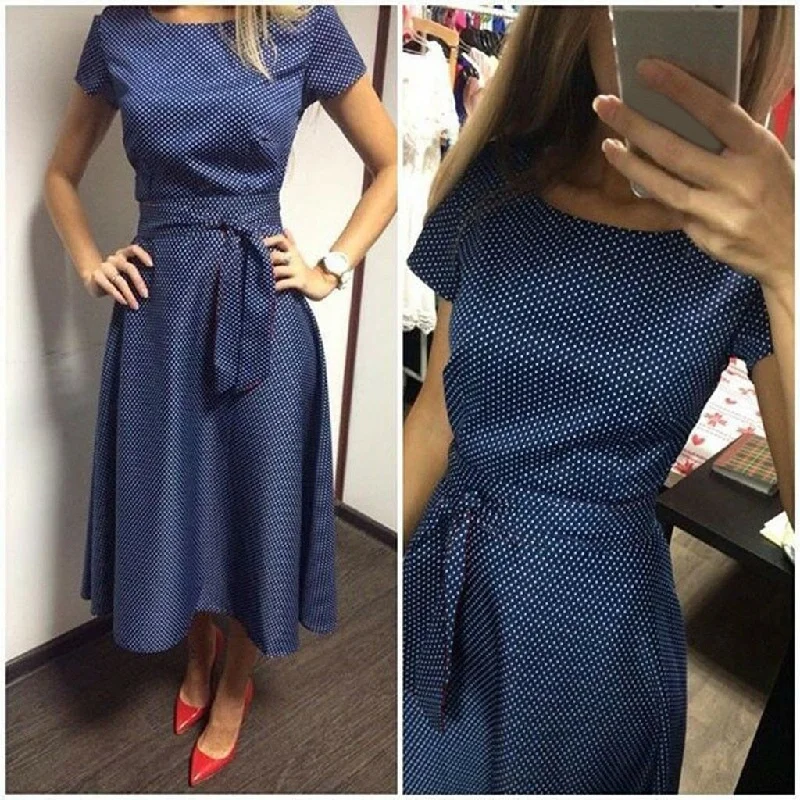 2019 Women Summer Fashion Loose Short Sleeve Casual Dot Print Vintage Evening Party Swing Dress With Belt Vestidos De Festa 50