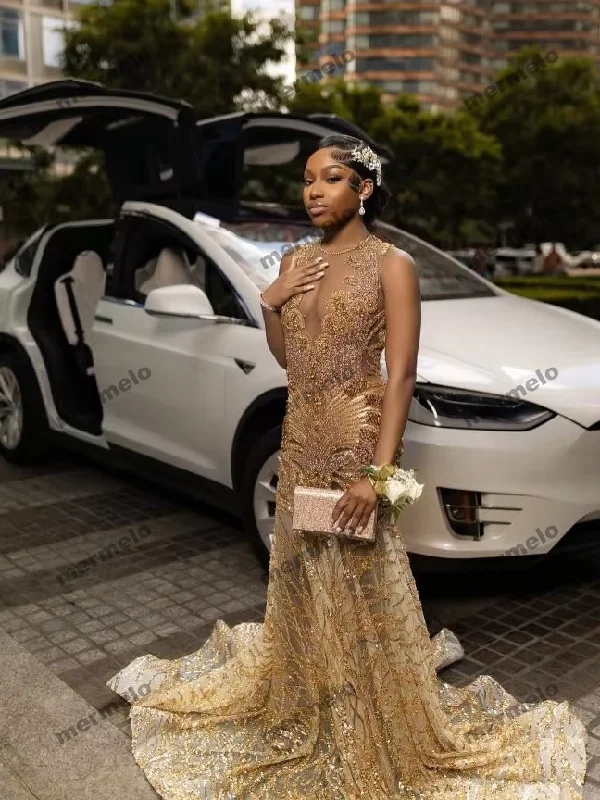 Sparkly Gold Long Mermaid Prom Occasion Dresses For Black Girl Luxury Crystal Gillter Tassel Evening Gown Birthday Gala