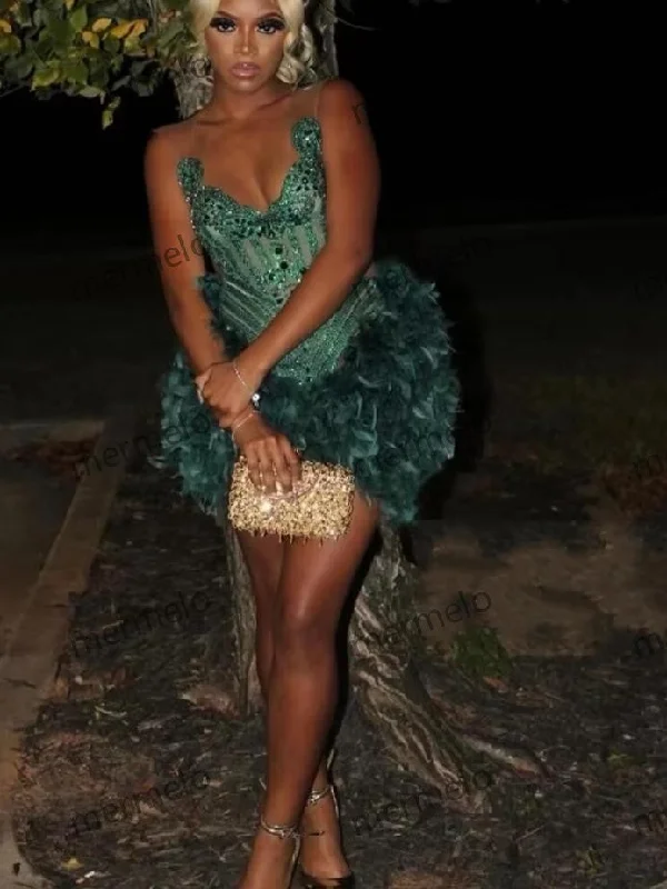 Sexy Green Short Prom Dress For Black Girls Beaded Crystal Feathers