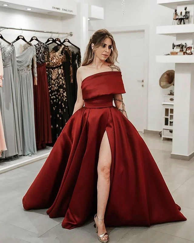 red prom dresses one shoulder side slit satin dark red floor length satin long evening dress cg13918 red prom dresses one shoulder side slit satin dark red floor length satin long evening dress cg13918