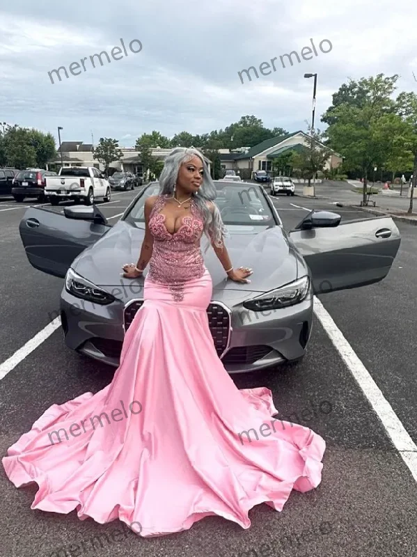 Pink V Neck Long Prom Dresses Black Girls Beaded Crystal