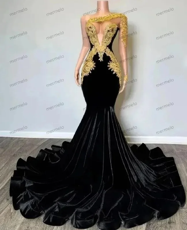 Sexy One Shoulder Black Mermaid Evening Dresses Gold Appliques African Women Gala Party Prom Gowns Sexy One Shoulder Black Mermaid Evening Dresses Gold Appliques African Women Gala Party Prom Gowns