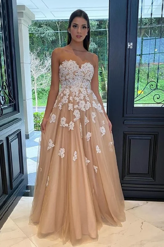 Priness champagne tulle long formal dress prom dress with white lace flowers   cg13836